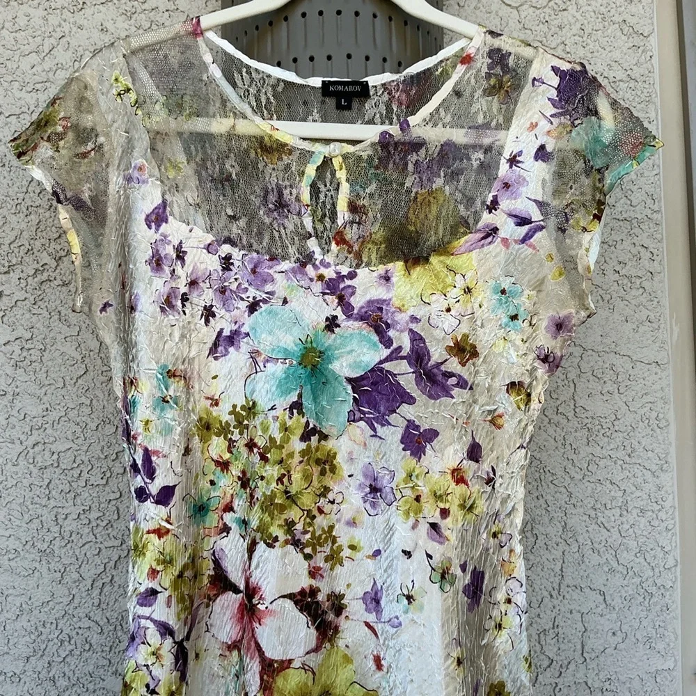 NWOT Komarov Floral Crinkle Lace Satin Midi Dress Large Fit & Flare Keyhole Chic